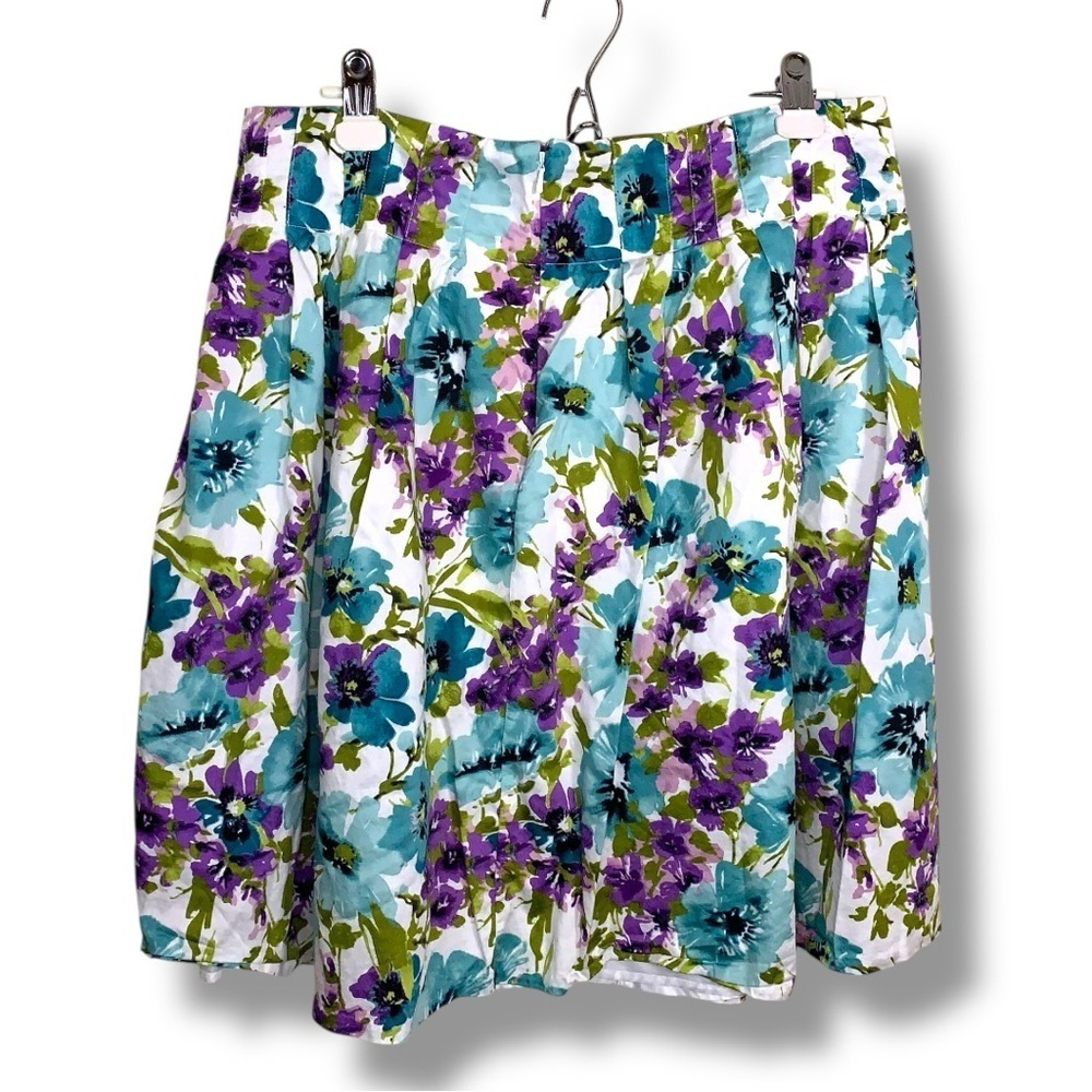 Size 12 Christopher And Banks Pleated Floral Skirt Cotton Blue Purple Green